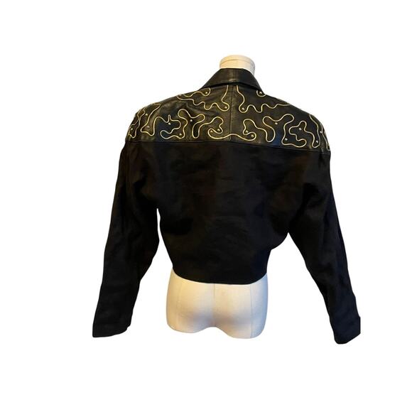 Vintage‎ Western Bolero Jacket Womens M Black Linen Leather Embellished 80s USA - Picture 3 of 11